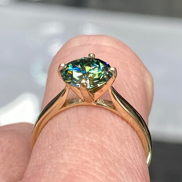 14k Yellow Gold 1 Carat Teal Blue / Aqua Diamond Moissanite Engagement Ring - Picture 6 of 14